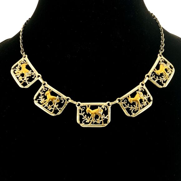 Mixed Metals Necklace Deer Panels Silver Plated n Copper Coro Design 17" Vintage - Picture 2 of 5
